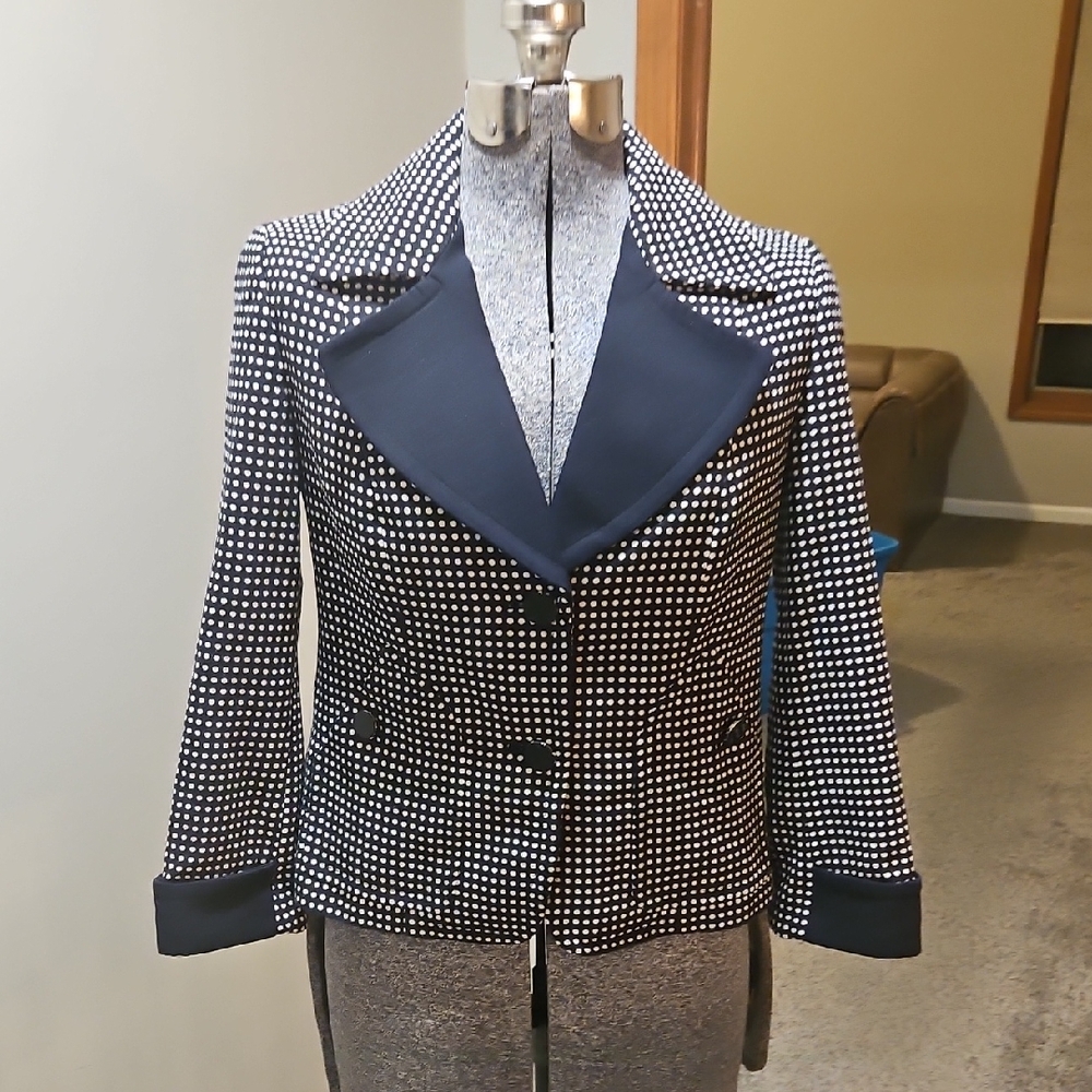 Talbots Polka Dot Navy Blue Blazer With Contrast Lapel